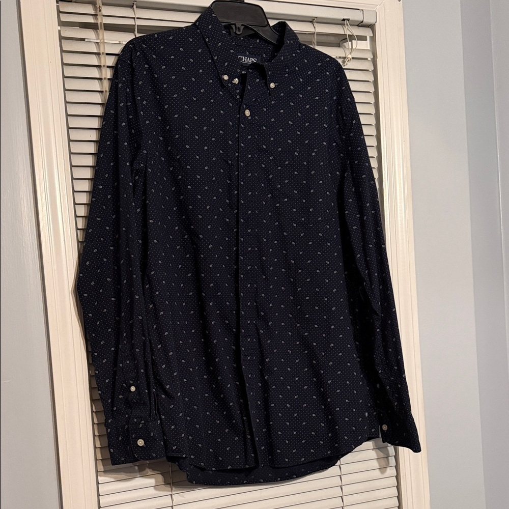 Chaps Navy Button-Up with Subtle White Pattern